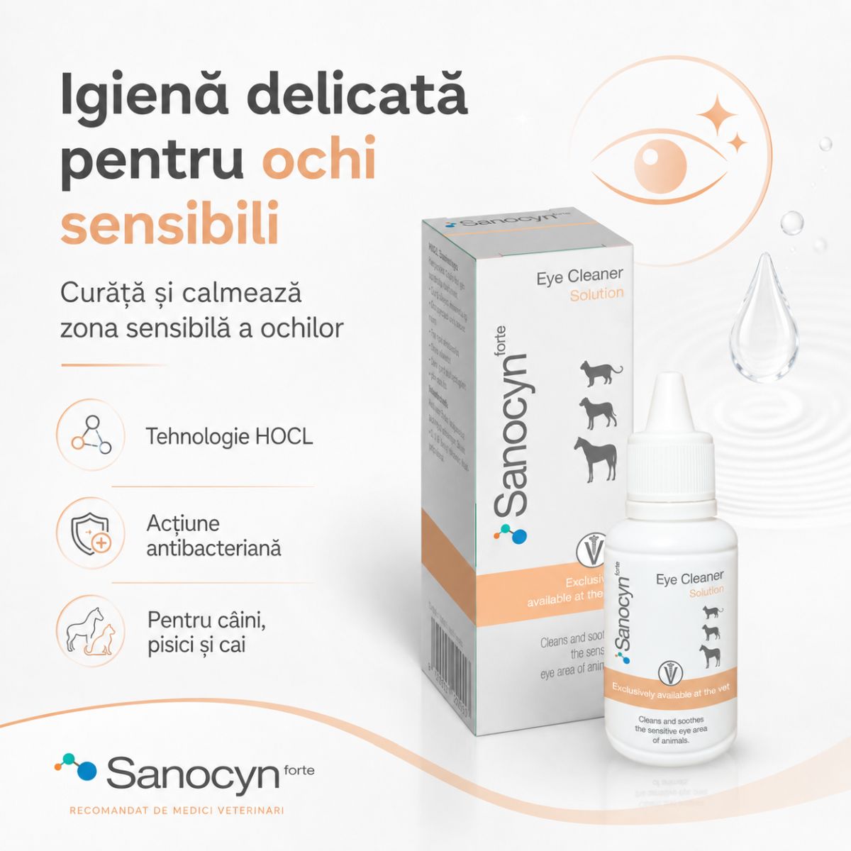 SANOCYN Forte Eye Cleaner, soluție igiena ochilor soluție câini și pisici, antibacteriană, flacon, 50ml